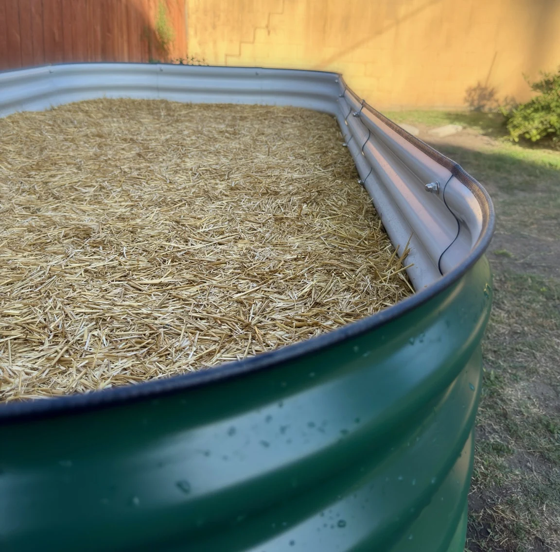 Close view of the raised bed’s green front corner and straw-covered surface